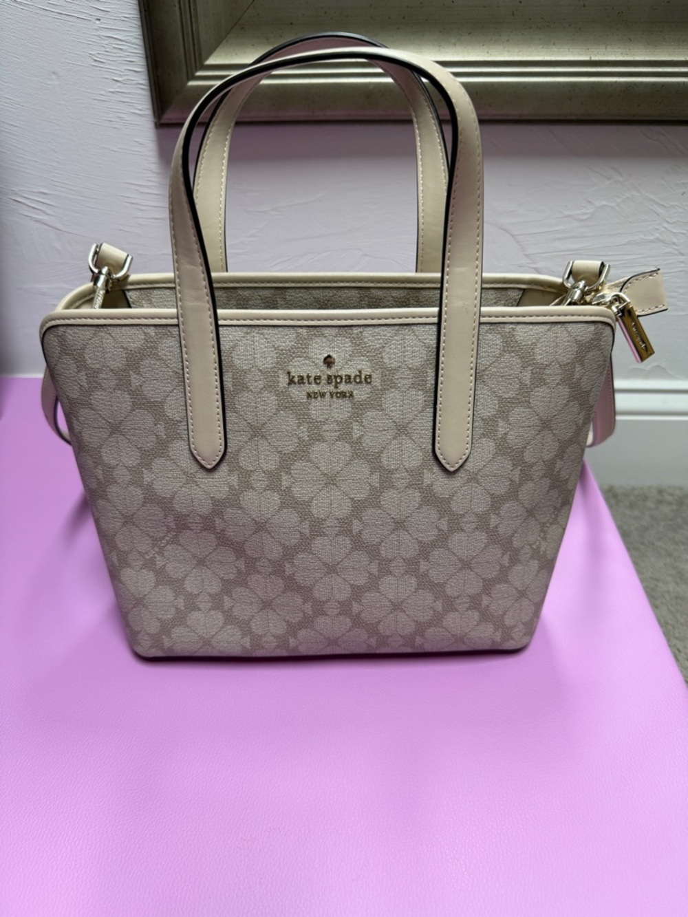 kate spade Beige Floral Logo Tote with Cream Trim